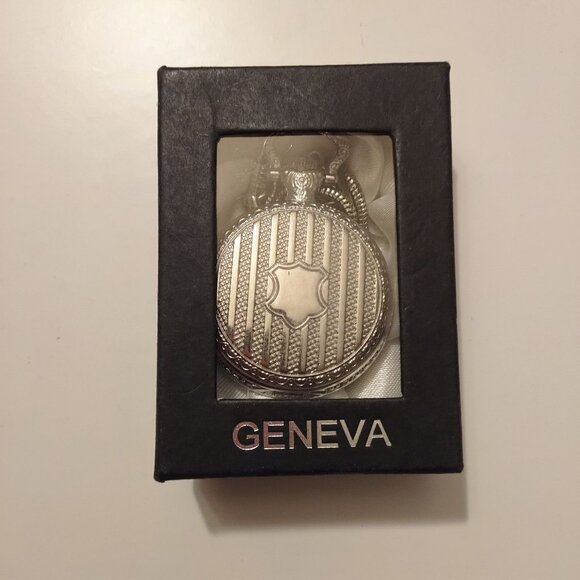 Vintage Geneva Silver-Tone Quartz Pocket Watch With Chain & Gift Box-NEW - Picture 2 of 9